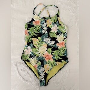 Volcom Kids One Piece Swimsuit - Black with Floral Print